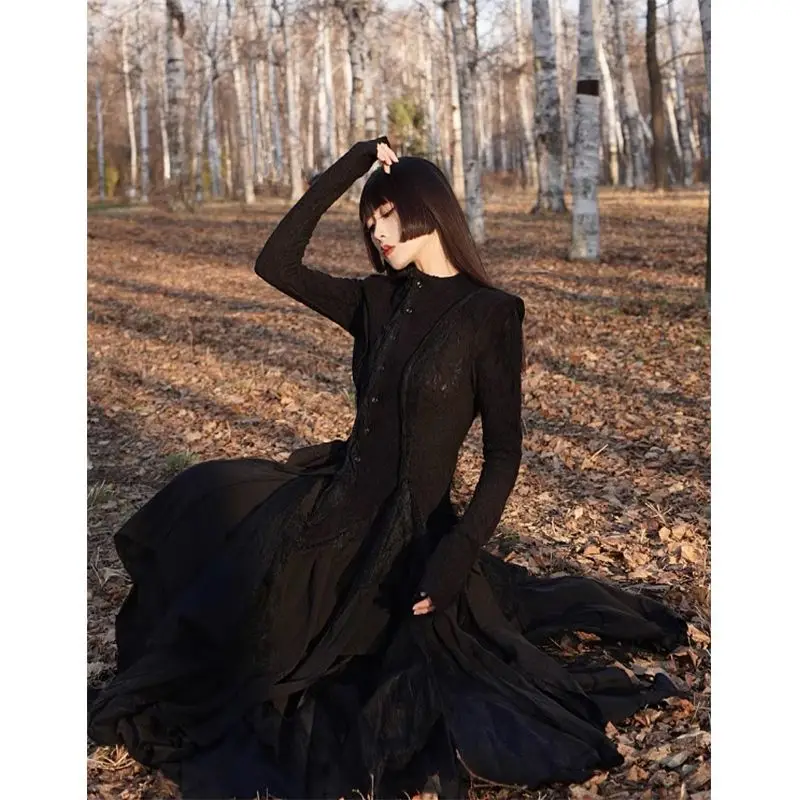 Copri gonna lunga in pizzo retrò nero set due pezzi di fascia alta da donna araba autunno/inverno nuovo Sim maniche lunghe top taglio irregolare