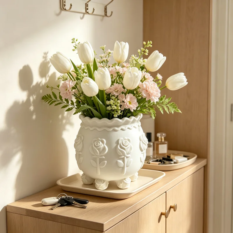 Elegant Wavy-Edged Embossed Rose Vase, White Six-Legged Flower Container, High-Aesthetic Desktop Flower Bucket, Dual-Purpose for Dressing Table Storage and Floral Arrangement