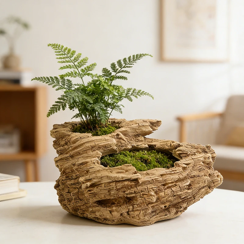 Artificial Driftwood Resin Planter with Dual Holes, Rustic Succulent Pot for Home Decor