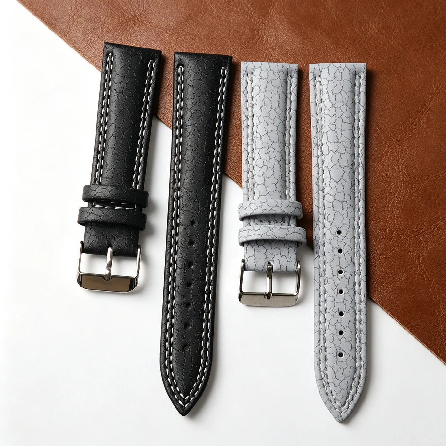 18/20/22mm Crack Texture Leather Watch Strap Pin Buckle Double Stitched Replacement Wrist Band For Men Black Gray Watch Accessor
