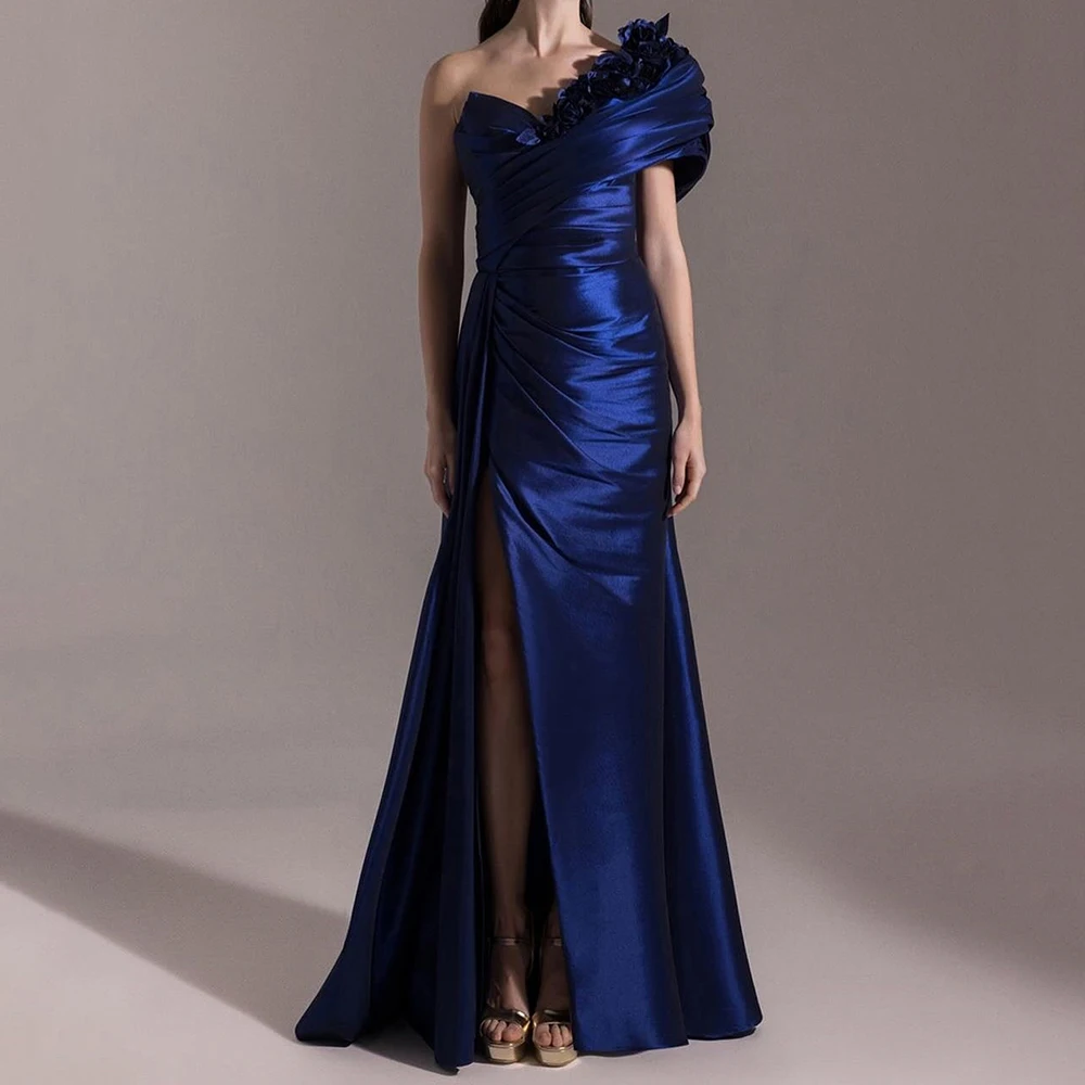 

Customized A-line Evening Dresses Floor-length One-shoulder Sleeveless Prom Gown Fashion Flowers Pleat Simple Draped Party Gown