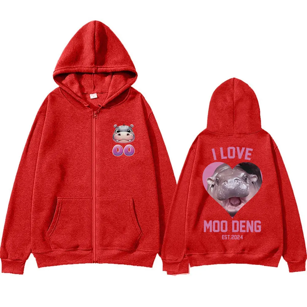 I Love Moo Deng Funny Meme Zipper Hoodie Baby Hippo Print Zip Up Jacket Men Women Cotton Oversized Fashion Casual Zip Up Hoodies