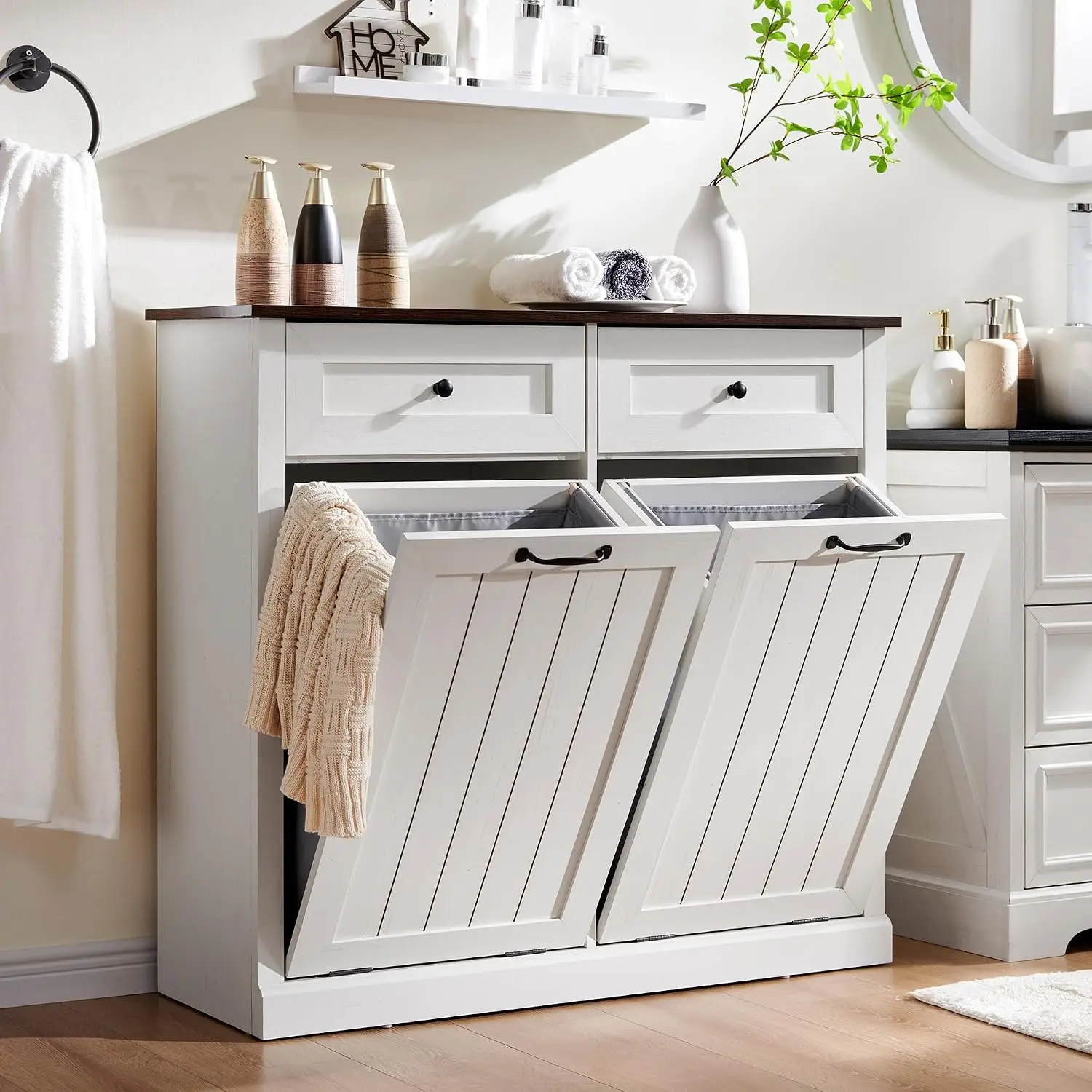 Antique White Double Tilt Out Hamper Cabinet, 20 Gallon Farmhouse Trash Cabinet with Drawers,Hidden Laundry Storage for Bathroom