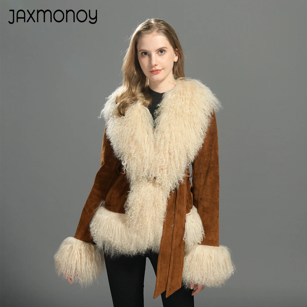 Jaxmonoy Women Real Suede Leather Jacket with Real Mongolian Sheep Fur Trim Lady Winter Fashion Genuine Leather Coat New Arrival