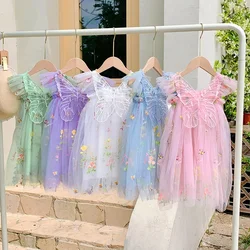 Toddler Baby Girls Tutu Dress Sleeveless Embroidery Floral Print Tulle Dress Little Girl Princess Dresses with Back Butterfly