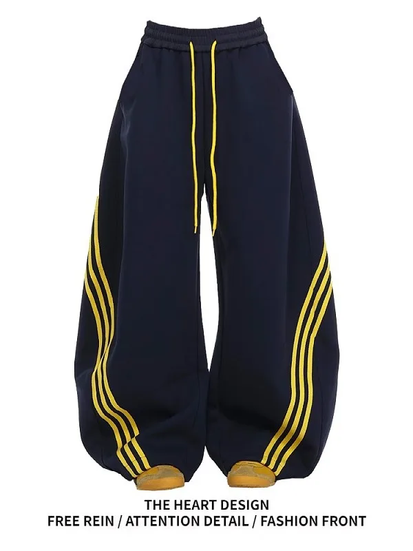 الأمريكية الرجعية المحملة المشارب اللون بلو واسعة الساق سكين السراويل النسائية فضفاضة تنوعا Sweatpants الصيف تصميم الشعور