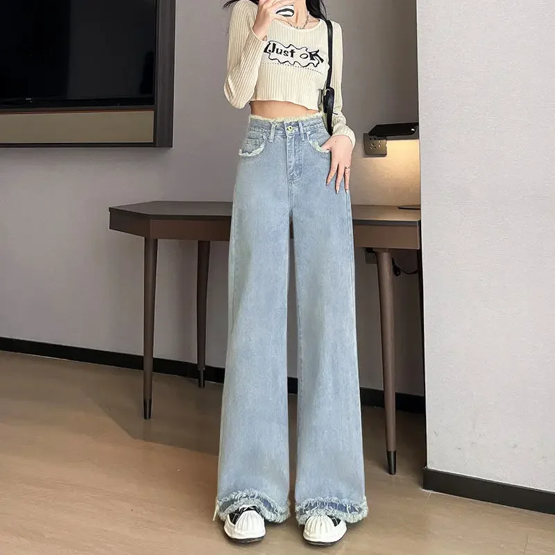 

Denim Wide Leg Pants Women Straight Jeans High Waist Distressed Washed Pockets Vintage Floor Length Trousers 2025 Streetwear