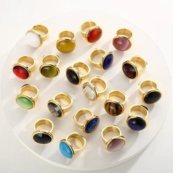 24mm Stainless Steel Natural Stone Rings for Women Trendy Colorful Glass Shell Pearl Rings Wedding Party Jewelry Gifts New