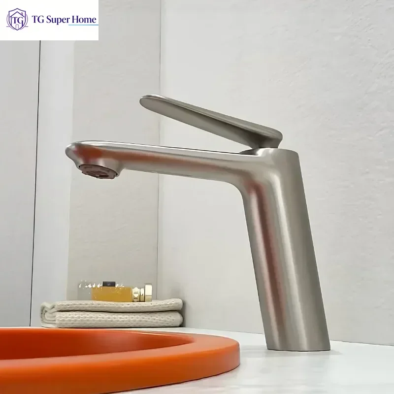 Minimalist Brushed Nickel Bathroom Faucet Solid Brass Cold Hot Basin Mixer Tap for Hotel