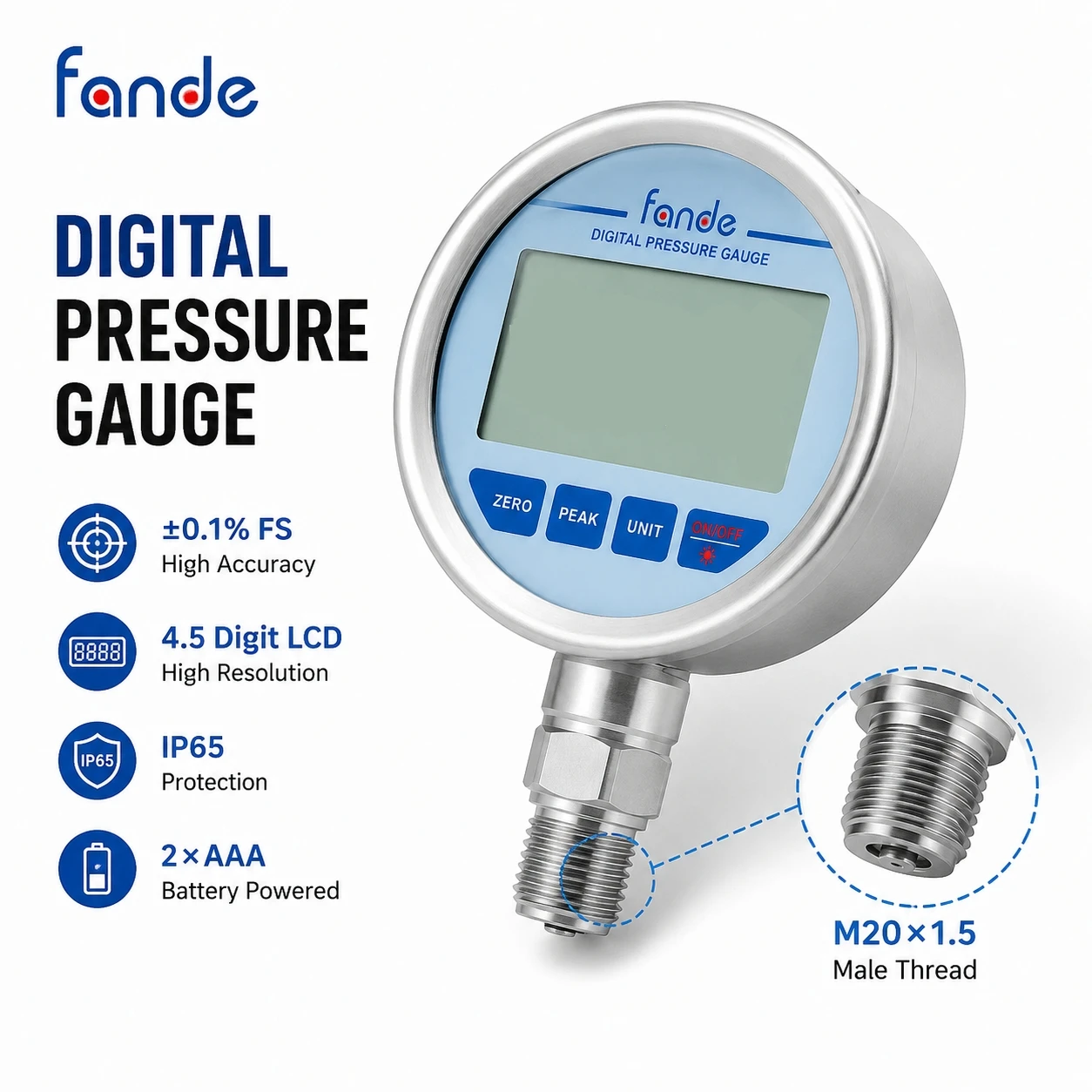 High Precision Pressure Gauge M20x1.5 ±0.1%FS 4.5 Digit LCD Stainless Steel Meter for Hydraulic Gas Oil Water Industrial