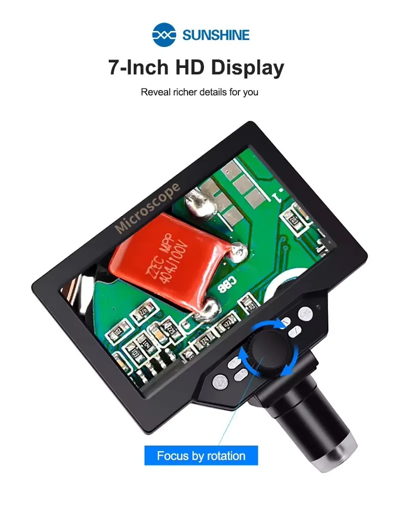 SUNSHINE DM-1200D 7 Inch HD Digital Microscope 12MP 1-1200X Zoom with Lifting Bracket for PCB Phone Motherboard Soldering Repair
