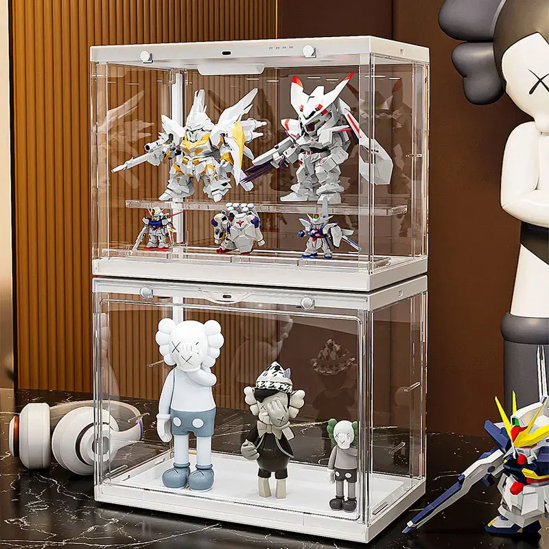 Dustproof Doll Display Case with Magnetic Levitation Stand and LED Light, Clear Acrylic Storage Box for Collectibles