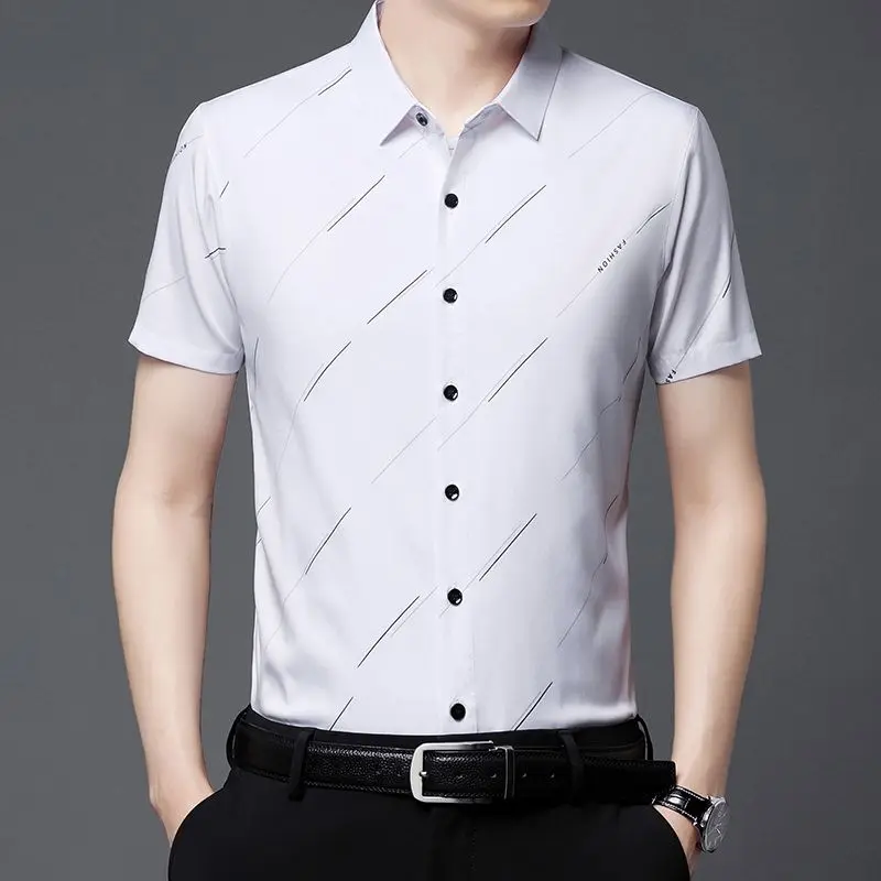 Business Office Casual Short Sleeve Printed Shirt for Men 2023 Summer Male Clothes All-match Single-breasted Polo-Neck Shirt