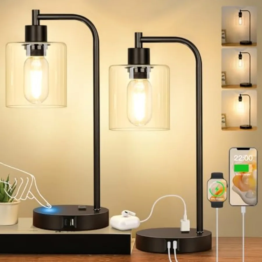 Set of 2 Industrial Touch Control Table Lamps with USB C+A Ports and AC Outlet - 3-Way Dimmable Black Bedside Lamps Nightstand
