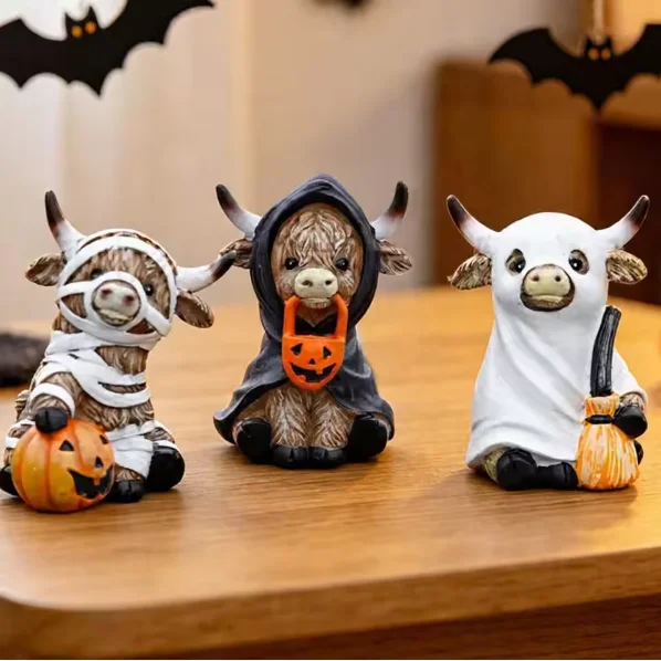 1/2/3 pcs Halloween Highland Cow Statues Ghost Mummy Pumpkin Resin Figurines Cute Farmhouse Shelf Tabletop Fireplace Decor