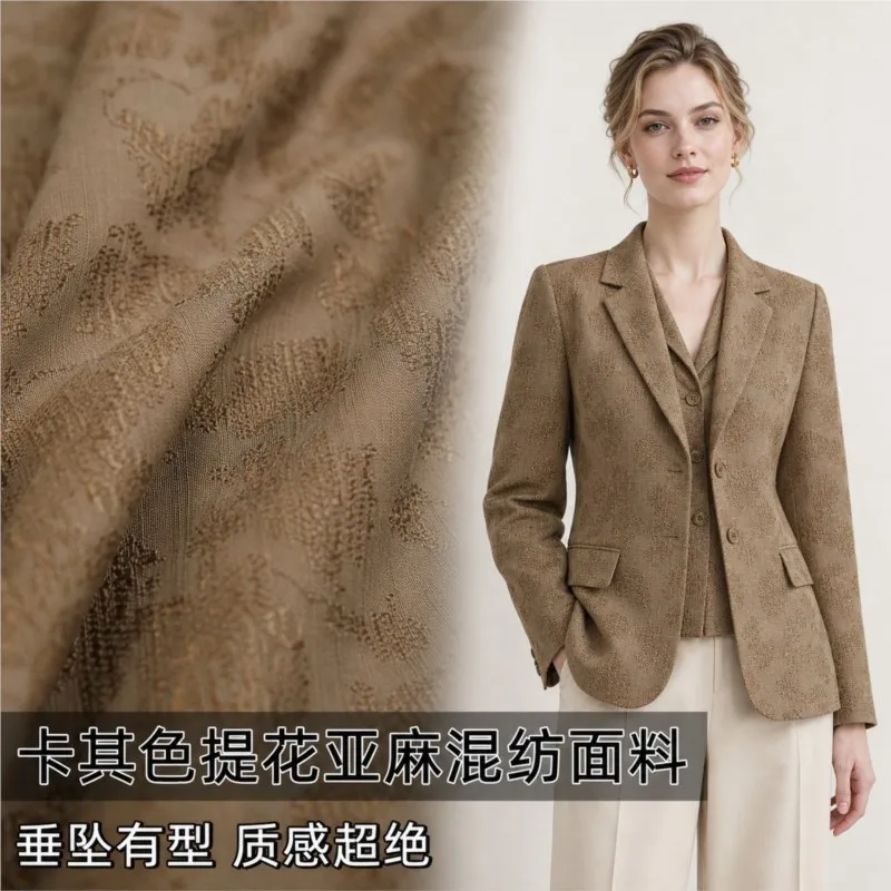Khaki black jacquard linen blended fabric coat designed by Hanfu designer