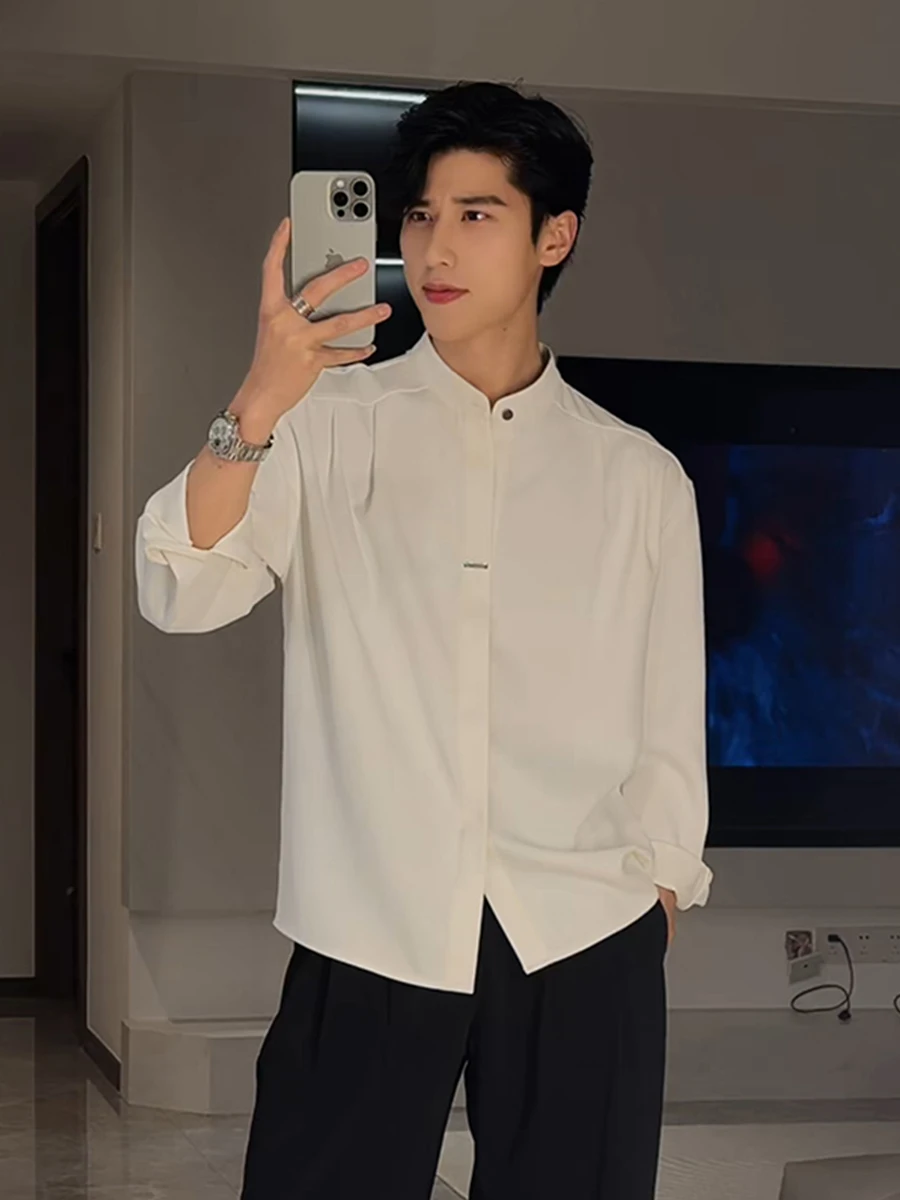 

New Chinese Sle Men's irt Rivet Stand Collar Long Sve Dra Outerwear White Cleanfit Spring Faion Casual irt