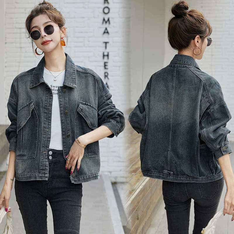 

Outlet American Sle Vintage Denim Jaet Women Large Size Faded Jaet Top Trendy Cotton Polyester Blend Long Sve Button...