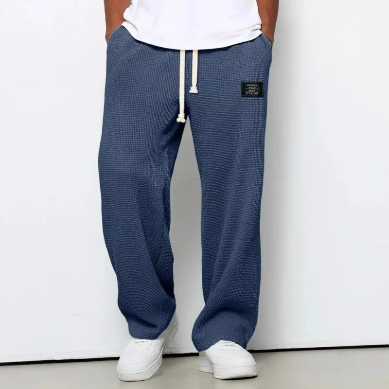 Men Waffle Knit Wide Leg Pants Elastic Drawstring Casual Trousers Loose Streetwear Workout Jogger PantsS-4XL