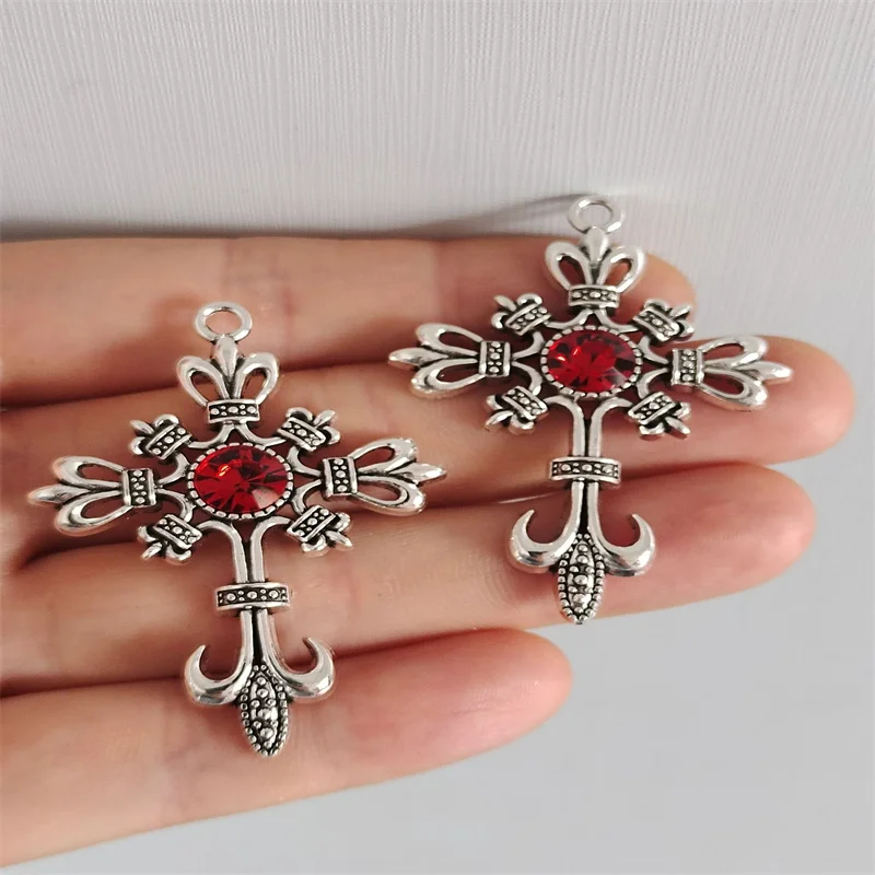 4pcs 55*37mm Ornate Gothic Cross Pendant Red Crystal Cross Pendant Designer Charms Fit Jewelry Making DIY Jewelry Findings