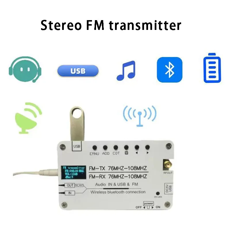 0.5W 스테레오 FM 송신기는 USB Bluetooth 리튬 배터리 구동 캠퍼스 FM 오디오 및 비디오 신호 송신기를 지원합니다.
