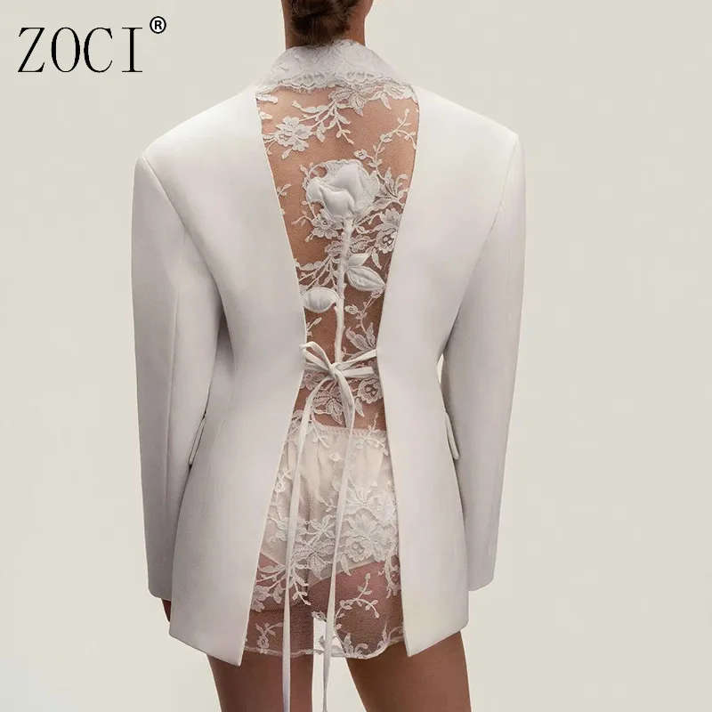 

ZOCI кружевные лоскутные женские пиджаки сзади, офисные женские пиджаки с v-образным вырезом, ажурные пиджаки, женское пальто с длинными рукавами, новинка осени 2023 г.