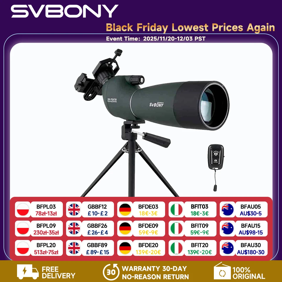

SVBONY SV28 50/60/70 Зрительная труба с зумом, телескоп, мощная водонепроницаемая призма PORRO дальнего действия для стрельбы, кемпингового снаряжения