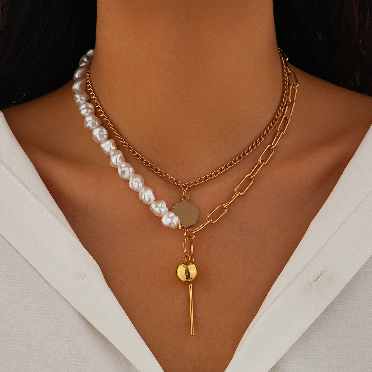 Geometric Pendant Layered Necklace Irregular Faux Pearl Beads Gold Chain Lightweight Durable Versatile Jewelry Women Daily Party