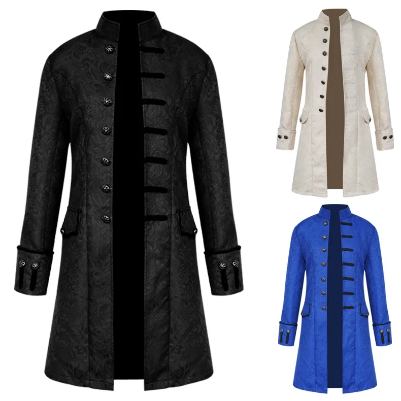 2023 Halloween Medieval Steampunk Assassin Elves Pirate Costume Adult Men Black Long Split Jacket Gothic Coats Suit Clothes