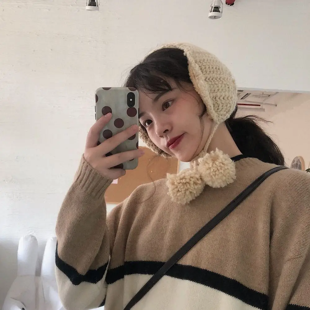 Handmade Korean Style Y2k Plush Earmuffs Thicken Soft Warm JK Knitted Earflap Solid Color Windproof Winter Ear Cover Girl