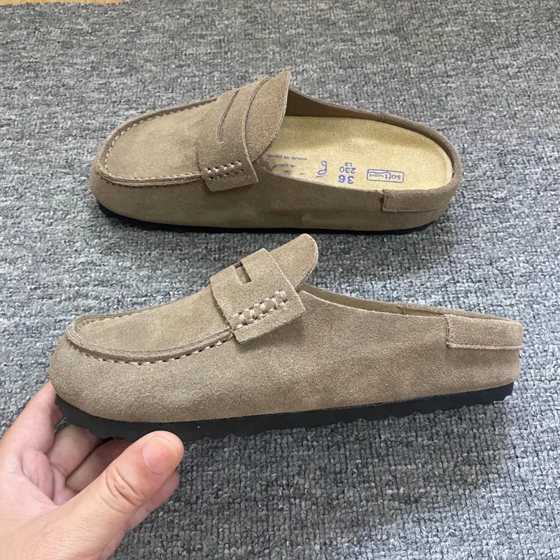 Fashionable cowhide toe cap half drag one foot kick thick soled lazy shoes men's retro casual comfortable breathable slippers