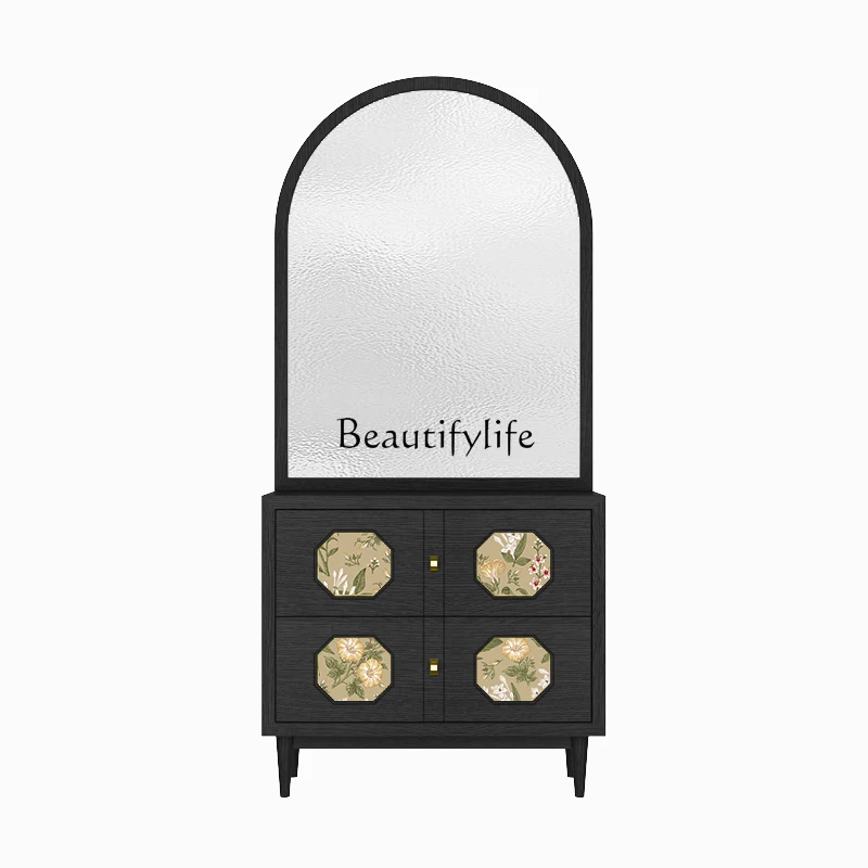 05-French retro solid wood water pattern glass entry door screen partition living room shoe cabinet entrance cabinet American ho
