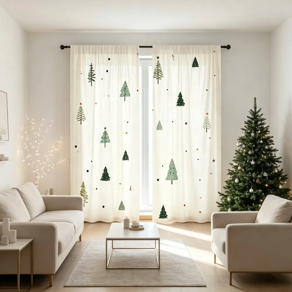 2PCS Christmas Winter Curtains, Minimalist Hand Drawn Tree Star Dot Winter, Digital Print, Bedroom Living Room, Home Decor