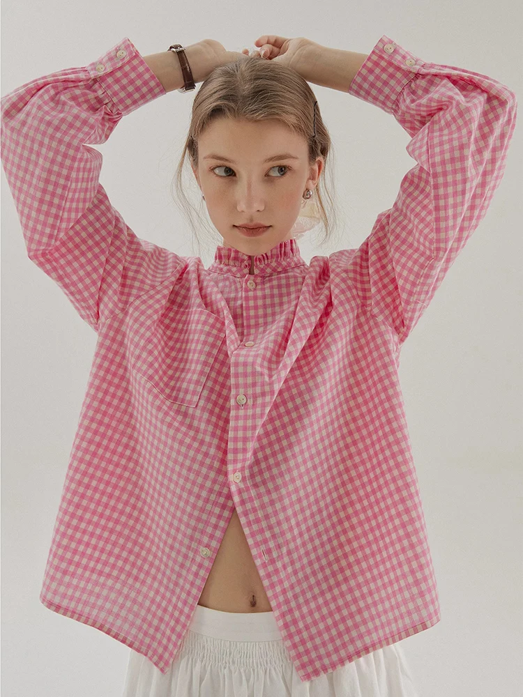 Chic Anti-Aging Pink Plaid Shirt Women's New Spring Autumn Sweet And Salty Sun Protection Top Elegant  Collar Long Sleeve