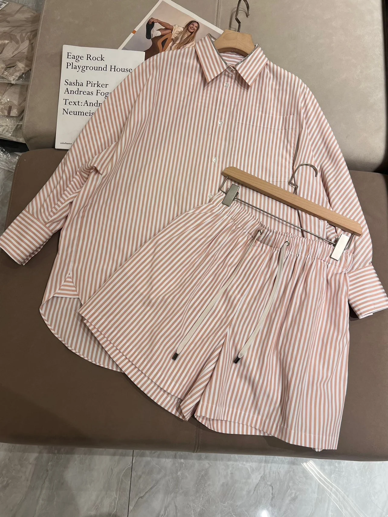 

24 New B//C Spring and Summer Long Sleeve Wide Cotton Striped Shirt + Shorts Loose and Versatile Suit for Women