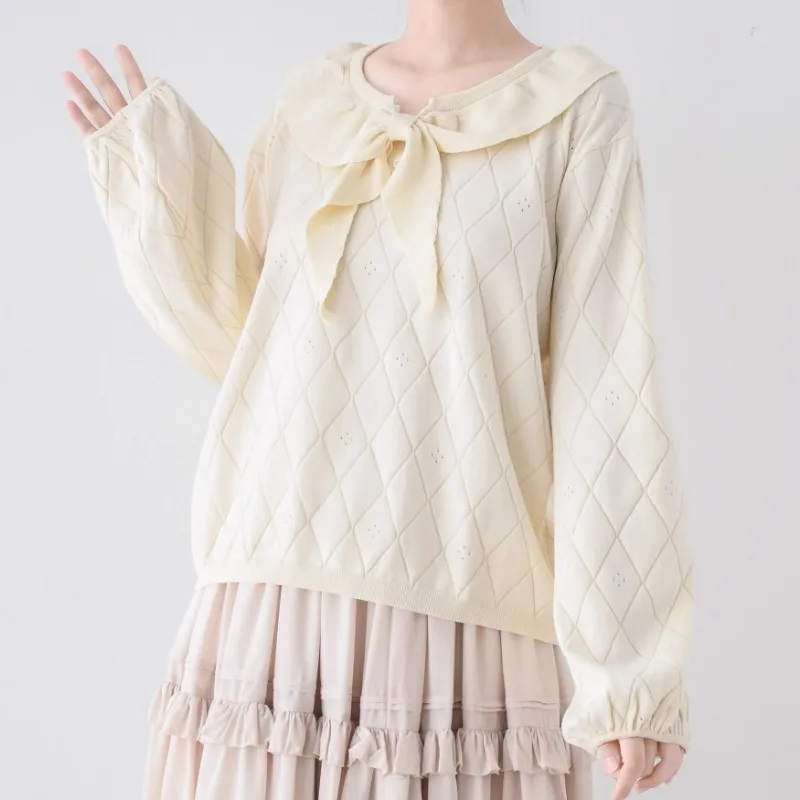 Japanese Kawaii Lolita Style Knitted Pullover Women Autumn Winter Sweets Sailor Collar Puff Long Sleeves Bow Sweater Female Tops