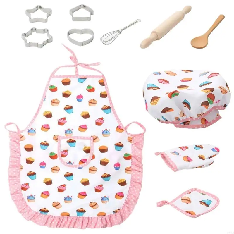 11Pcs Apron for Little Girls Kids Cooking Baking Set Chef Hat Mitt & Utensil