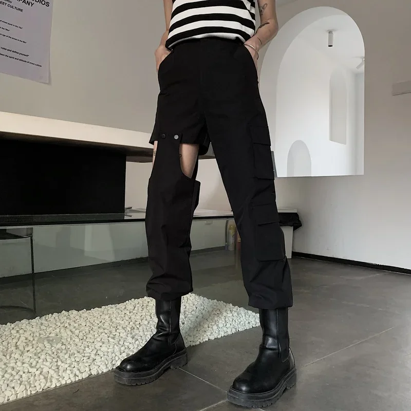 

Black 2023 Autumn Korean Style Pocket Patchwork Female Women Streetwear Cargo Pants Loose Fashion High Waist Haren Pants Women