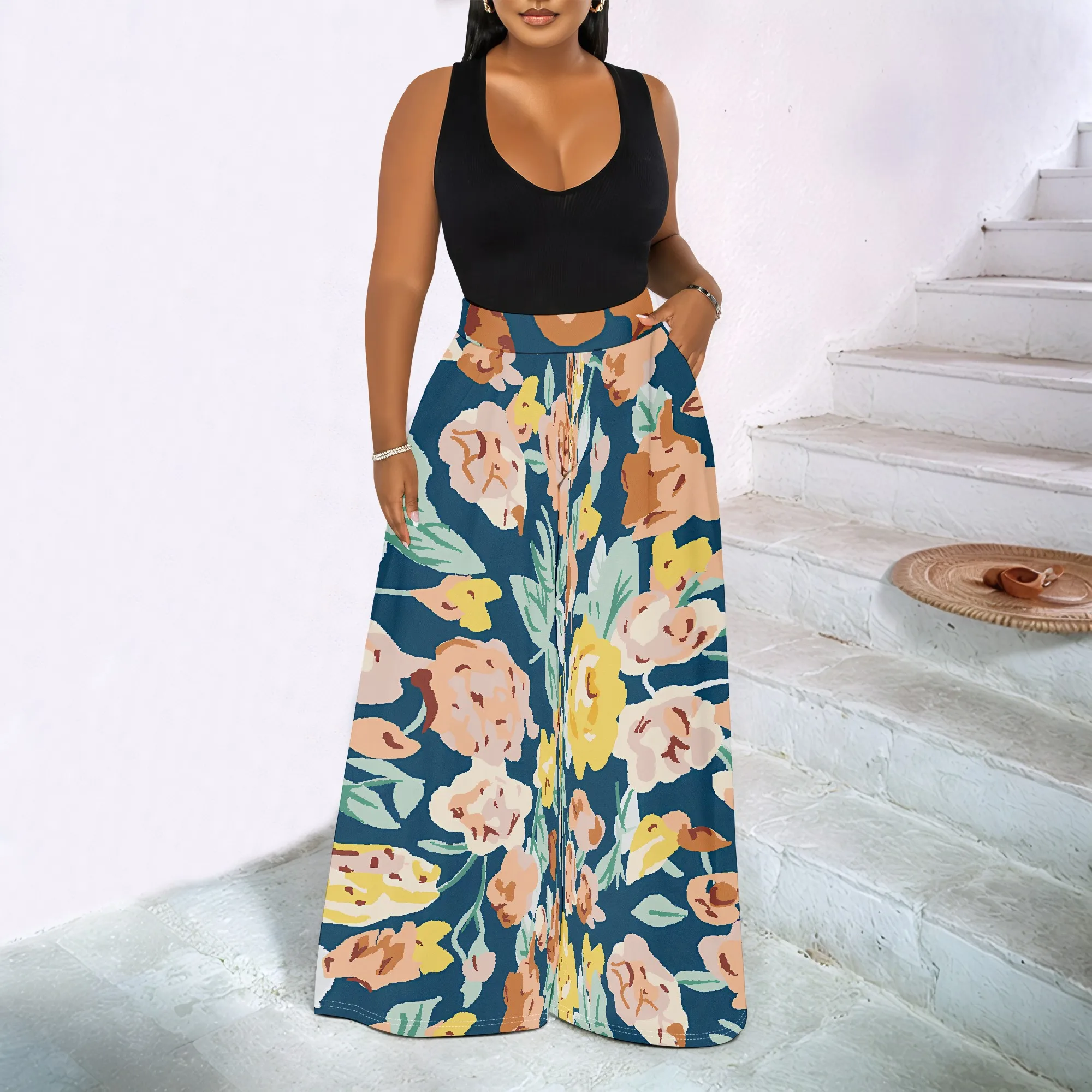 Women's Spring and Autumn Fashion Printed Totem Pocket Pants, Casual Home Pants