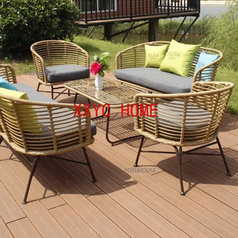 Nordic simple Outdoor Rattan Furniture Creative Balcony Double Rattan Chair Leisure Outdoor Courtyard Hotel Sofa  backrest Chair