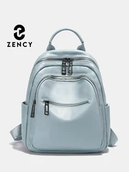 Zency Lake Blue Genuine Leather Backpack For Women Large Capacity Travel Rucksack Knapsack For Ladies Satchel Schoolbag Soft Bag