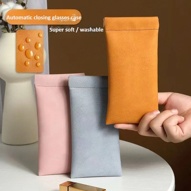 Unisex Leather Eyeglass Case Portable Auto-Close Spring Hinge for Sunglasses Super Soft Portable Solid Color Sunglasses Case