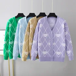 Women‘s Winter Korean Loose Heart Cardigan Sweater Coat Diamond Plaid Long-sleeve Shirt Knitted Thick Cardigan Women Sweater