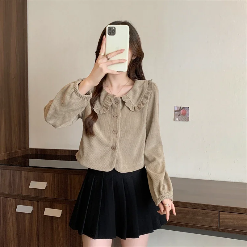 Kawaii Doll Collar Corduroy Shirts Women Spring Autumn Single Breasted Blouse Female Vintage Long Sleeve Streetwesr Tops Y2k New