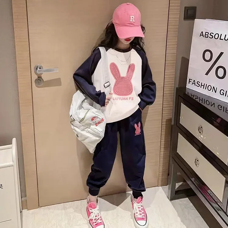 

2024 autumn Children set Clothes Girls tracksuit casual bunny t-shirt sweatshirt hoodie + Ankle-tie pants Kid Teens 8 to 12 year