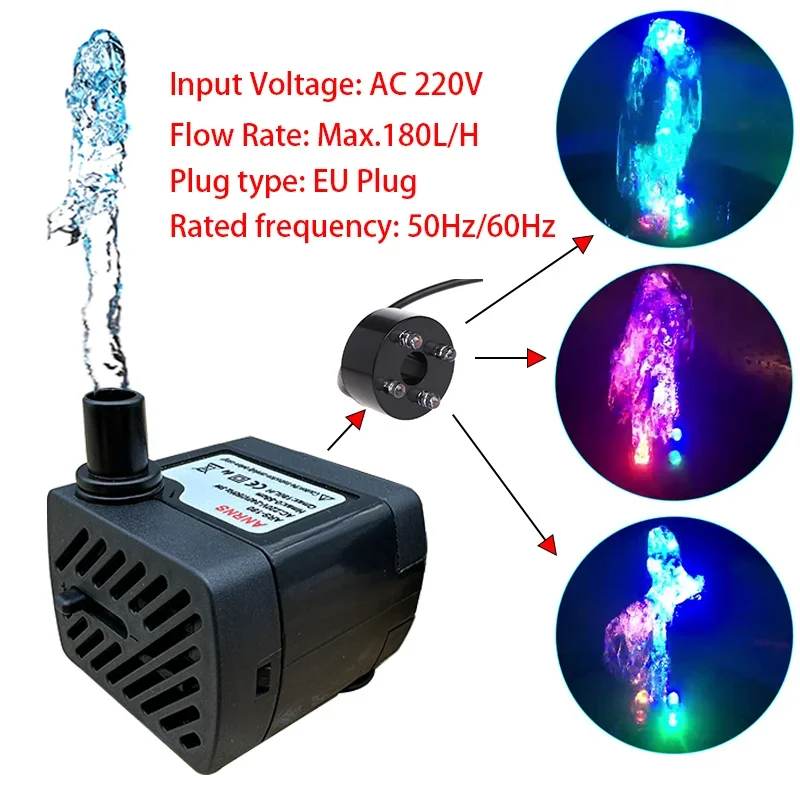 

220V 3W Mini Submersible Pump Aquarium Fish tank Pond ornaments Ornamental fountain LED Water pump EU Plug Aquatic Pet set