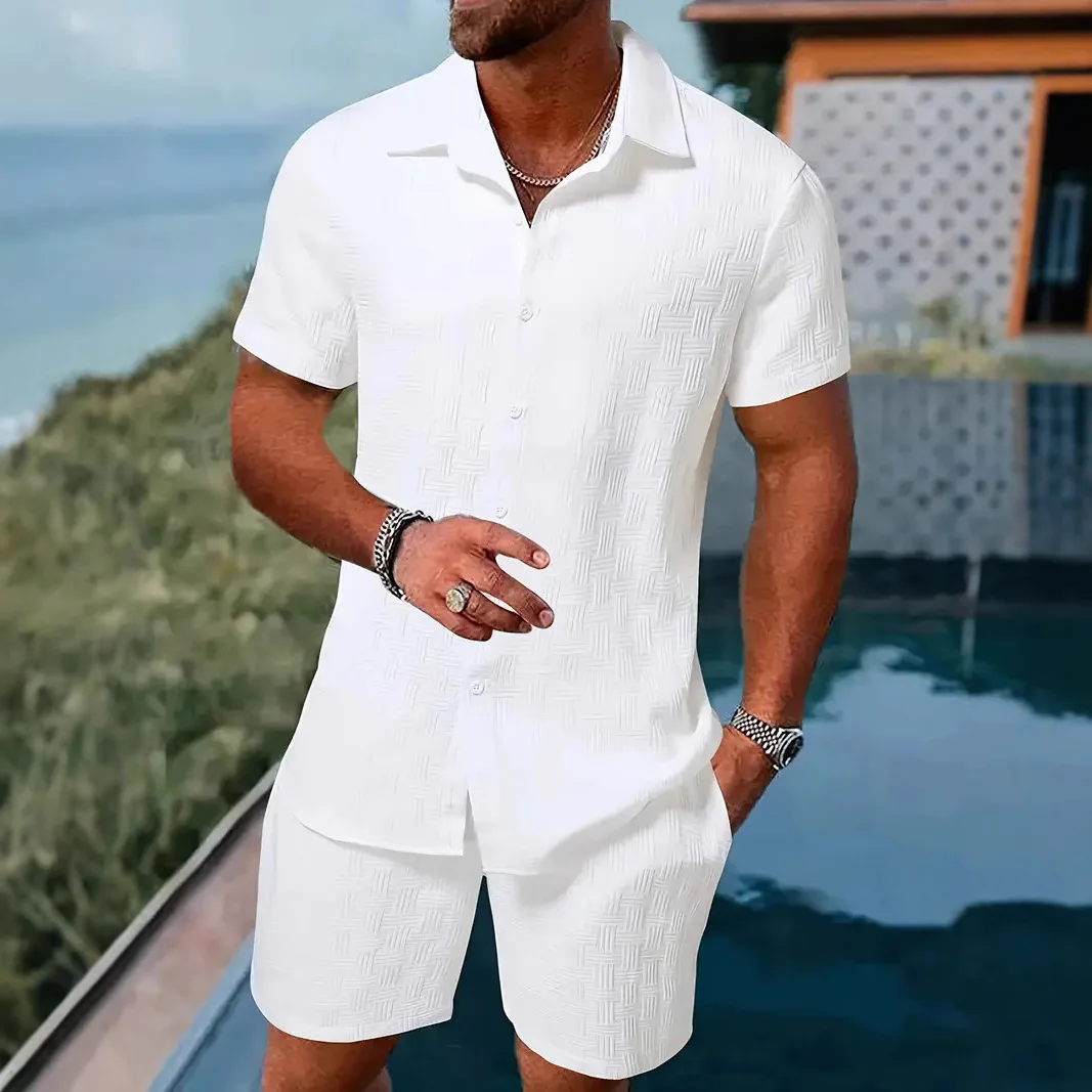 

2025 Summer Men's Jacquard Shirt Set Short Sleeve Solid Black & White Resort Style Breathable Polyester Casual Vacation Outfit