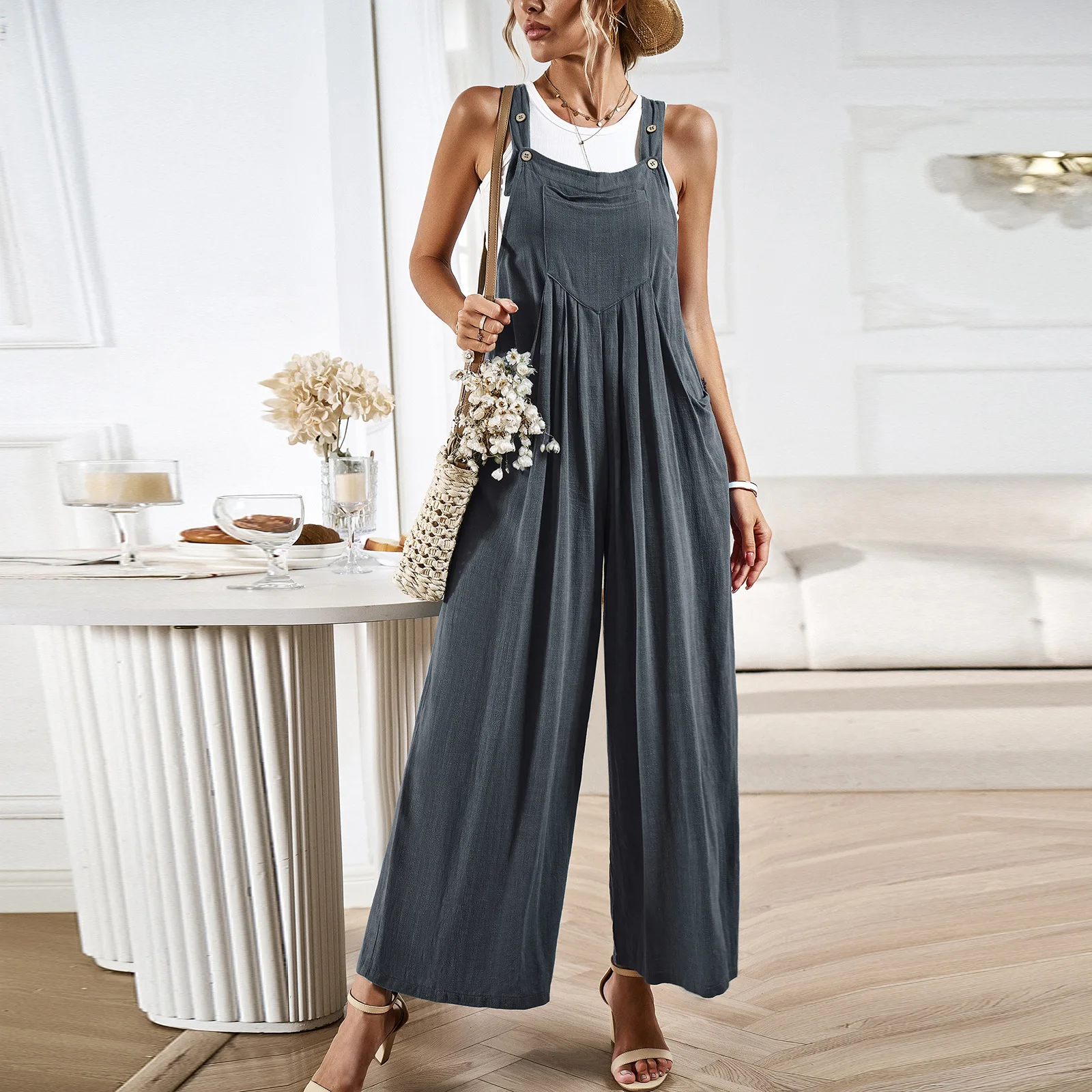 YJKDYK 2025 New Spring Summer Women's Suspender Trousers Female Solid Color Loose Wide Leg Jumpsuit Pants Women's Clothing