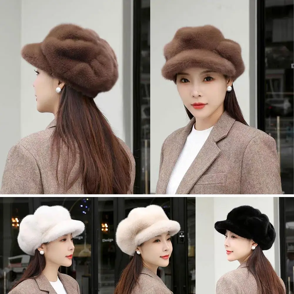 

Winter Windproof Octagonal Cap Women Faux Fur Hat Cold-proof Artist Painter Cap Thick Plush Berets Solid Fluffy Cloud-shaped Hat