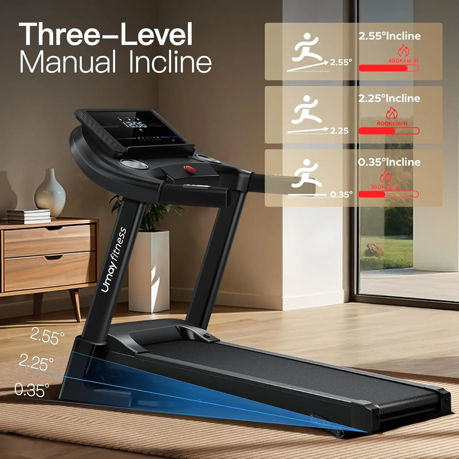 Auto Folding 3 Level Incline Treadmill with Pulse Sensors, 3.0 HP Quiet Brushless, 8.7 MPH, 300 lbs Capacity